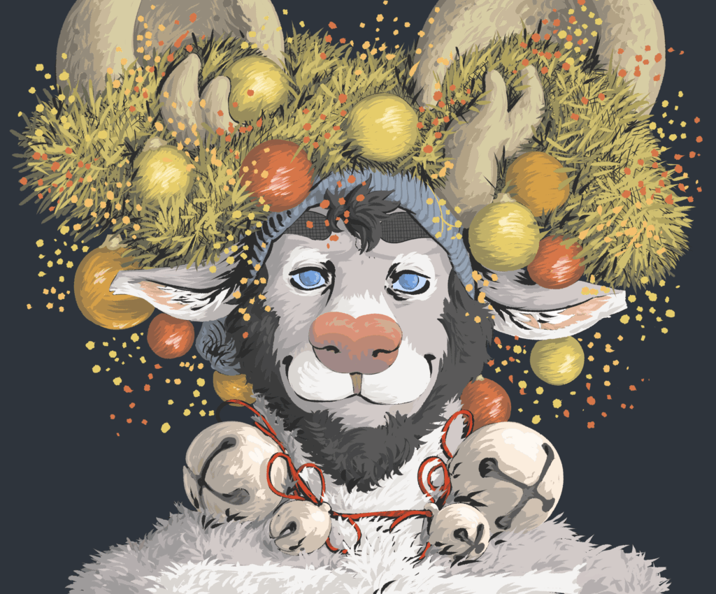 Profile of Deckard looking directly at the camera. His antlers are adorned with a variety of holiday decor. Garland, ornaments, the works. He has a sleigh bell necklace