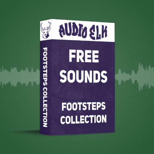 Audio Elk Free Footsteps collection's promotional image, showcasing a product box displaying the title of the sound library and Audio Elk branding.
